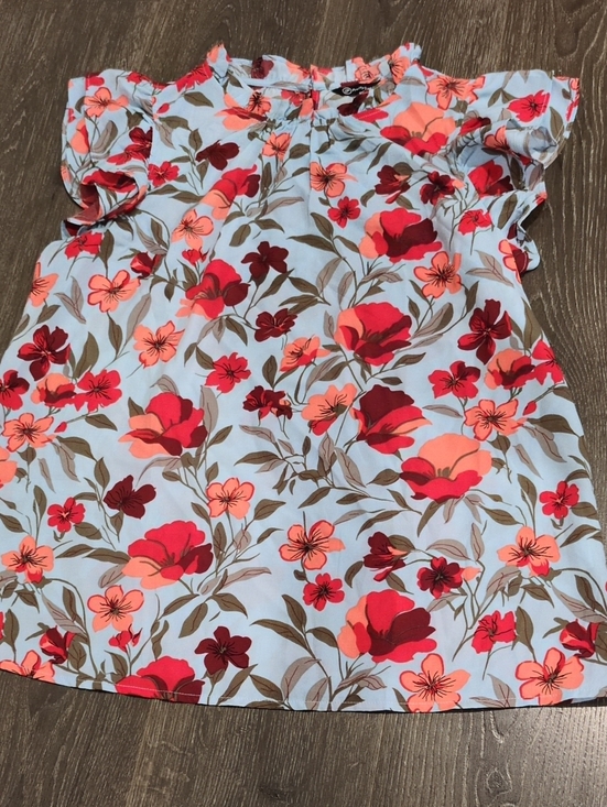 PrettyGarden Tops - Floral Ruffle-Sleeve Blouse - Light Blue with Red & Coral Flowers